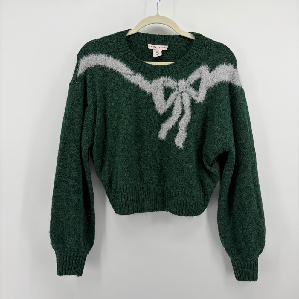 Sincerely Jules Sweater Green Size Medium‎ Bow Graphic Alpaca Blend Cropped Knit